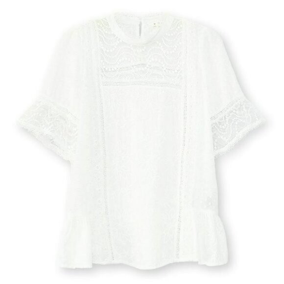 NWT POL Lace and Swissdot Mock Neck Peplum Hem Blouse Top - Picture 7 of 7